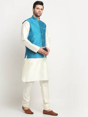 Men Silk Cream Kurta Churidar With Blue Polka Dotted Nehru Jacket Set 4