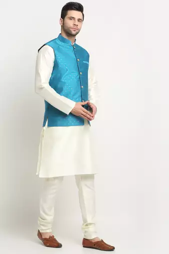 Men Silk Cream Kurta Churidar With Blue Polka Dotted Nehru Jacket Set