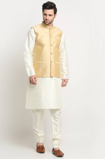 Men Silk Cream Kurta Churidar With Beige Polka Dotted Nehru Jacket Set