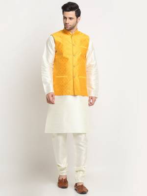 Men Silk Cream Kurta Churidar With Yellow Polka Dotted Nehru Jacket Set 1