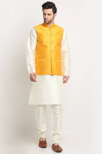 Men Silk Cream Kurta Churidar With Yellow Polka Dotted Nehru Jacket Set