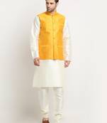 Men Silk Cream Kurta Churidar With Yellow Polka Dotted Nehru Jacket Set