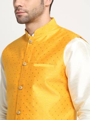Men Silk Cream Kurta Churidar With Yellow Polka Dotted Nehru Jacket Set 2