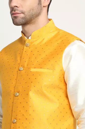 Men Silk Cream Kurta Churidar With Yellow Polka Dotted Nehru Jacket Set