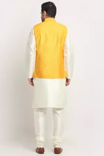 Men Silk Cream Kurta Churidar With Yellow Polka Dotted Nehru Jacket Set