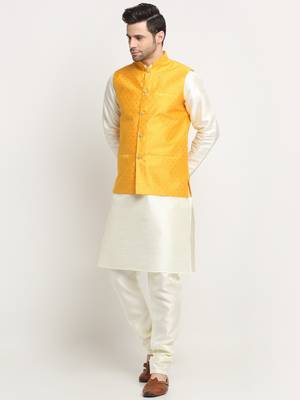 Men Silk Cream Kurta Churidar With Yellow Polka Dotted Nehru Jacket Set 4