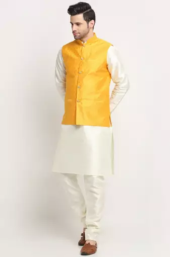 Men Silk Cream Kurta Churidar With Yellow Polka Dotted Nehru Jacket Set