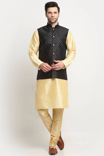 Men Silk Beige Kurta Churidar With Black Polka Dotted Nehru Jacket Set