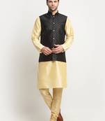 Men Silk Beige Kurta Churidar With Black Polka Dotted Nehru Jacket Set