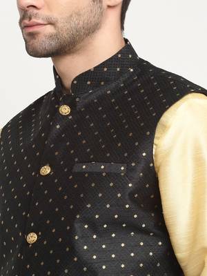 Men Silk Beige Kurta Churidar With Black Polka Dotted Nehru Jacket Set 2