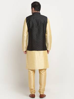 Men Silk Beige Kurta Churidar With Black Polka Dotted Nehru Jacket Set 3