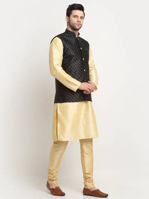 Men Silk Beige Kurta Churidar With Black Polka Dotted Nehru Jacket Set 4