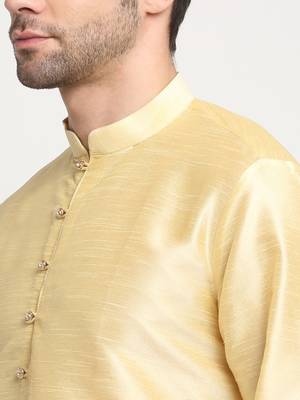 Men Silk Beige Kurta Churidar With Black Polka Dotted Nehru Jacket Set 6