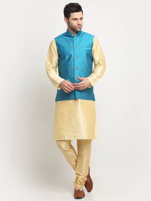 Men Silk Beige Kurta Churidar With Blue Polka Dotted Nehru Jacket Set 1