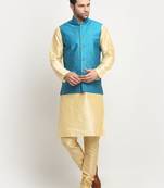 Men Silk Beige Kurta Churidar With Blue Polka Dotted Nehru Jacket Set