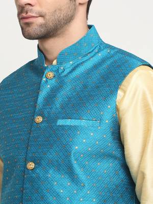 Men Silk Beige Kurta Churidar With Blue Polka Dotted Nehru Jacket Set 2