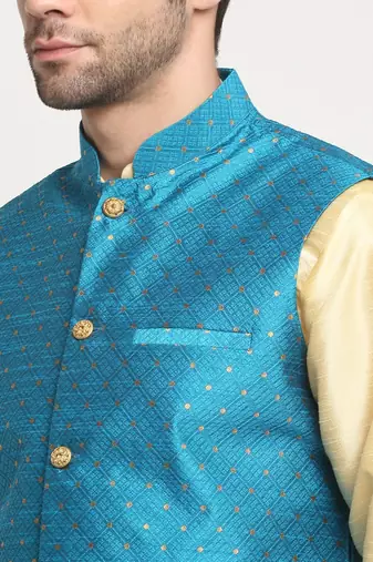Men Silk Beige Kurta Churidar With Blue Polka Dotted Nehru Jacket Set