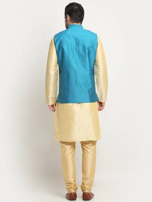 Men Silk Beige Kurta Churidar With Blue Polka Dotted Nehru Jacket Set 3