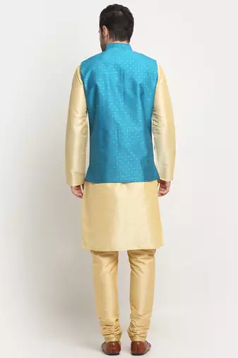 Men Silk Beige Kurta Churidar With Blue Polka Dotted Nehru Jacket Set