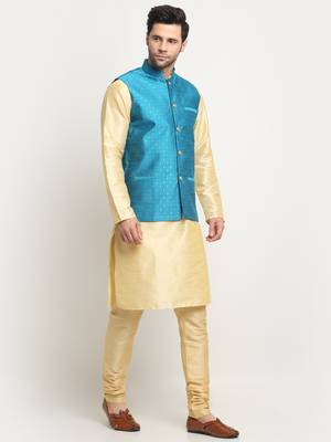 Men Silk Beige Kurta Churidar With Blue Polka Dotted Nehru Jacket Set 4
