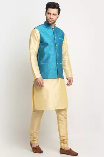 Men Silk Beige Kurta Churidar With Blue Polka Dotted Nehru Jacket Set