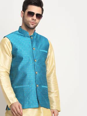Men Silk Beige Kurta Churidar With Blue Polka Dotted Nehru Jacket Set 5