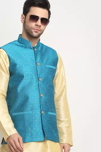 Men Silk Beige Kurta Churidar With Blue Polka Dotted Nehru Jacket Set