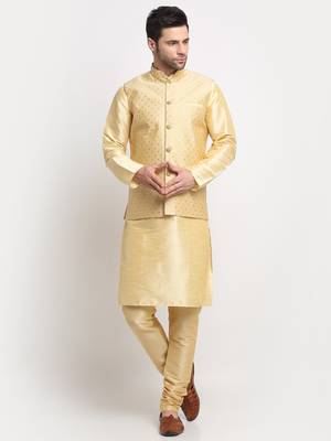 Men Silk Beige Kurta Churidar With Beige Polka Dotted Nehru Jacket Set 1