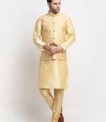 Men Silk Beige Kurta Churidar With Beige Polka Dotted Nehru Jacket Set
