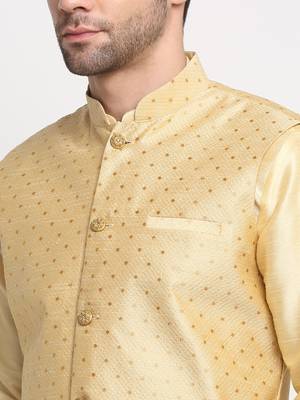 Men Silk Beige Kurta Churidar With Beige Polka Dotted Nehru Jacket Set 2