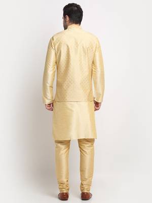 Men Silk Beige Kurta Churidar With Beige Polka Dotted Nehru Jacket Set 3