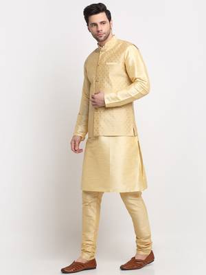 Men Silk Beige Kurta Churidar With Beige Polka Dotted Nehru Jacket Set 4
