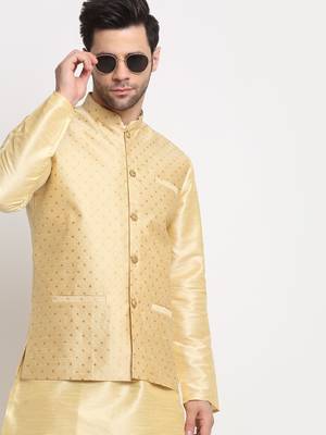 Men Silk Beige Kurta Churidar With Beige Polka Dotted Nehru Jacket Set 5