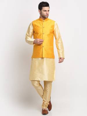 Men Silk Beige Kurta Churidar With Yellow Polka Dotted Nehru Jacket Set 1