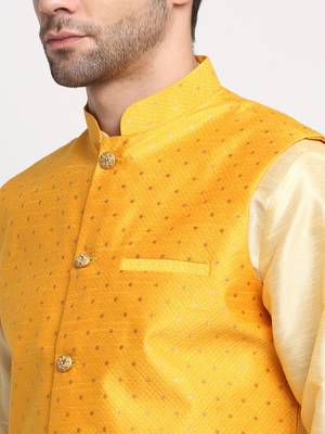 Men Silk Beige Kurta Churidar With Yellow Polka Dotted Nehru Jacket Set 2