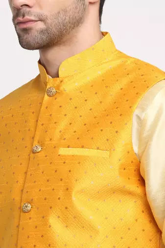Men Silk Beige Kurta Churidar With Yellow Polka Dotted Nehru Jacket Set
