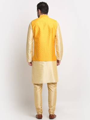 Men Silk Beige Kurta Churidar With Yellow Polka Dotted Nehru Jacket Set 3