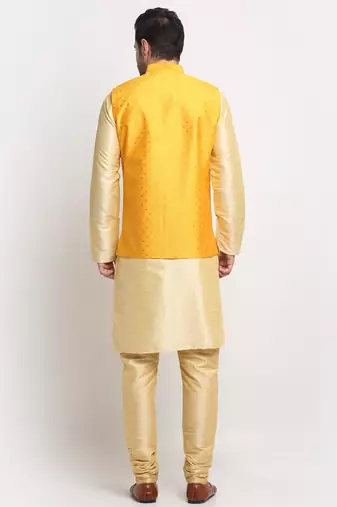 Men Silk Beige Kurta Churidar With Yellow Polka Dotted Nehru Jacket Set