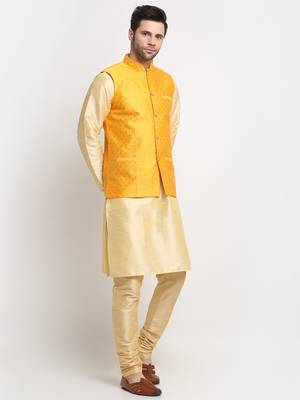 Men Silk Beige Kurta Churidar With Yellow Polka Dotted Nehru Jacket Set 4