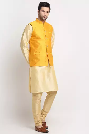 Men Silk Beige Kurta Churidar With Yellow Polka Dotted Nehru Jacket Set