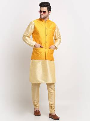 Men Silk Beige Kurta Churidar With Yellow Polka Dotted Nehru Jacket Set 5