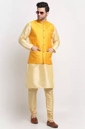 Men Silk Beige Kurta Churidar With Yellow Polka Dotted Nehru Jacket Set