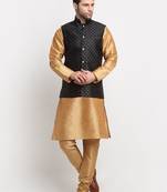 Men Silk Gold Kurta Churidar With Black Polka Dotted Nehru Jacket Set