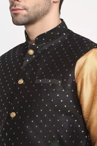 Men Silk Gold Kurta Churidar With Black Polka Dotted Nehru Jacket Set
