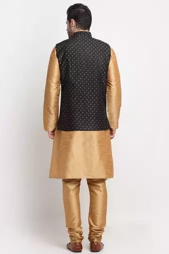 Men Silk Gold Kurta Churidar With Black Polka Dotted Nehru Jacket Set