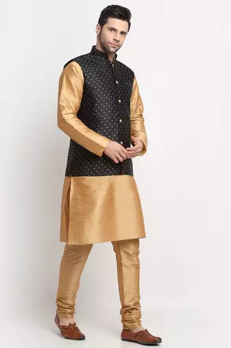 Men Silk Gold Kurta Churidar With Black Polka Dotted Nehru Jacket Set