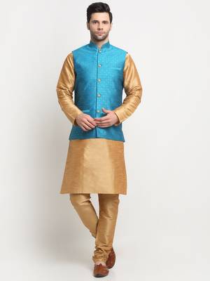 Men Silk Gold Kurta Churidar With Blue Polka Dotted Nehru Jacket Set 1