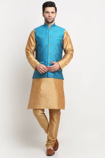Men Silk Gold Kurta Churidar With Blue Polka Dotted Nehru Jacket Set
