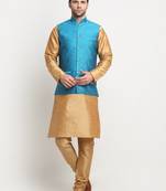 Men Silk Gold Kurta Churidar With Blue Polka Dotted Nehru Jacket Set