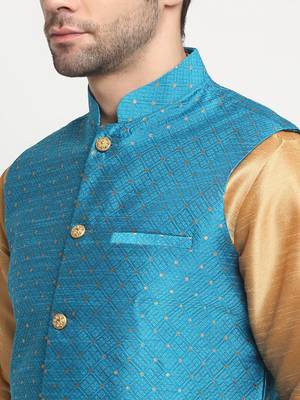 Men Silk Gold Kurta Churidar With Blue Polka Dotted Nehru Jacket Set 2